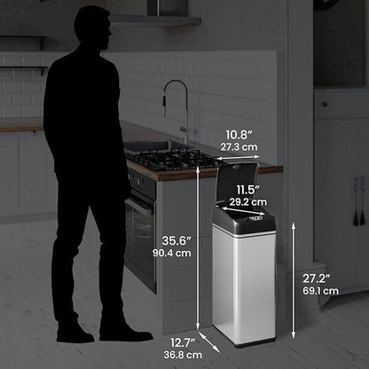 iTouchless 13 Gallon Kitchen Trash Can with Odor Filter, Automatic Motion Sensor Bin, Soft-Close Stainless Steel, Slim Wastebasket for Narrow Spaces, Silver