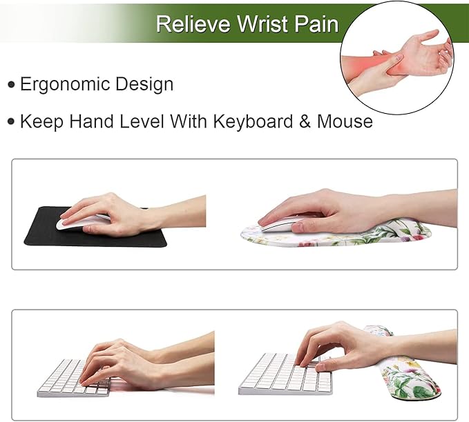 iLeadon Mouse Pad with Wrist Support Keyboard Wrist Rest Set, Ergonomic Mouse Pad with Non-Slip Base for Computer Laptop Home Office + Coasters, Easy Typing & Pain Relief Mouse Mat, Wild Flowers