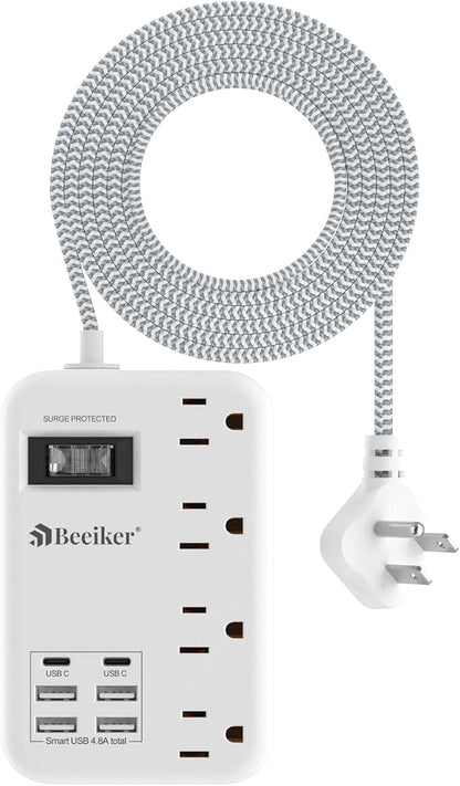6 USB(2 USB C) Surge Protector Power Strip- 5Ft Travel Power Strip with 4.8A USB Charging Station and 4 Extendable Outlet, 13A Flat Plug Braided Extension Cord with Wall Mount for Travel Office Dorm