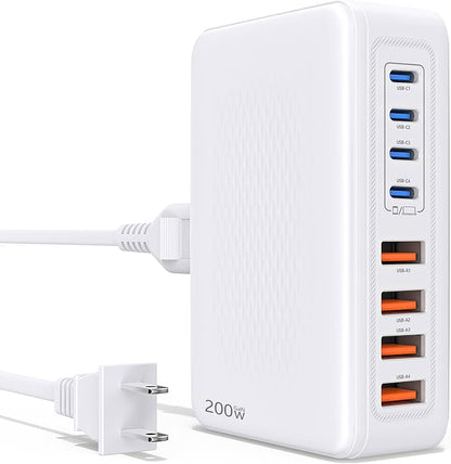 200W USB C Charging Station,8-Port GaN USB C Charger Block,PD 65W Desktop Charger, Power Strip Adapter Compatible with iPhone 17/16/15/14,MacBook Air/Pro,DELL, iPad Pro,Galaxy and More,White