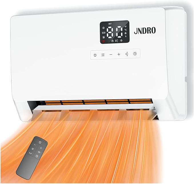 Wall-Mounted Space Heater with ECO Thermostat and Remote Control, LED Display, 60°/90°/120° Oscillation Modes, 24-Hour Timer, Indoor Electric Space Heater