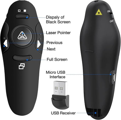 Rechargeable Presentation Clicker Wireless Presenter Remote USB Control Powerpoint PPT Clicker, Red Laser Pointer RF 2.4GHz Presenter Remote Slide Advancer for Computer/Laptop/Mac/Keynote