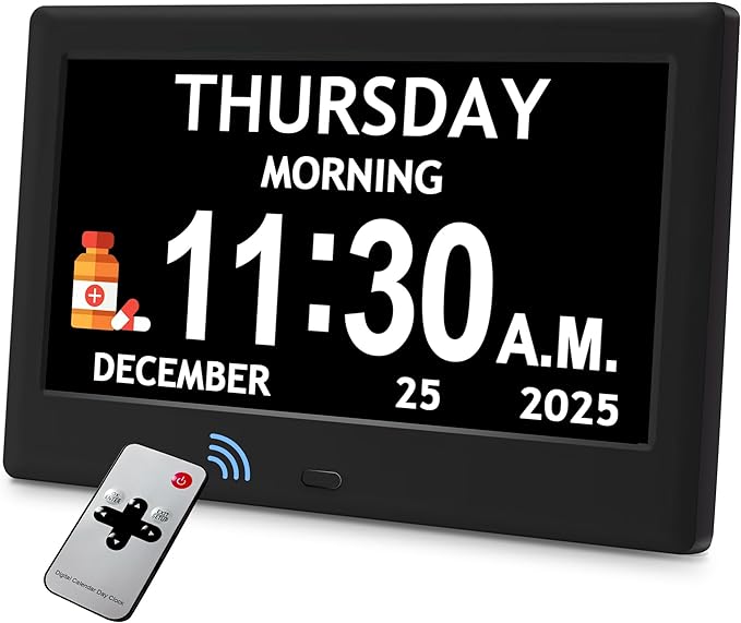 7'' Dementia Clock For Seniors, Large Display Digital Clock With Date, Time, Day Of Week for Elderly, Memory Loss, Alzheimer, 1024*600P HD, 10 Reminders & 6 Alarms, Auto Dimming & DST, Remote Control