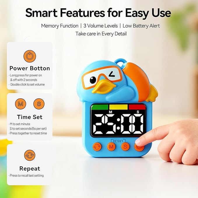 Shower Timer Waterproof Visual Timer for Kids, 99-Min Digital Potty Training Timer for Toddler, Duck-Shaped Bathroom & Kitchen Time Management Tool, Rechargeable, Blue