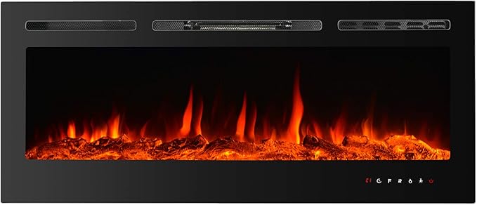 CharaVector Electric Fireplaces Recessed Wall Mounted Fireplace Insert 50 Inch Wide Heater LED Fire Place Remote Control & Touch Screen, 1-12 Hours Timer, 12 Color Flame and Log Color