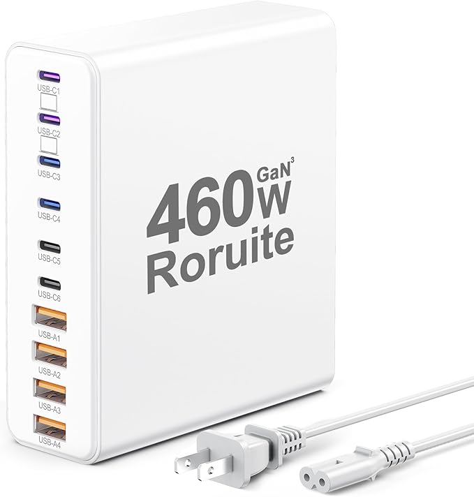 460W USB C Charger Block, 10-Port USB Charging Station GaN III PD Charger Type C & USB A, Dual 65W PC Laptop Fast Adapter for MacBook Pro/Air, iPhone 17, iPad, DELL, Samsung Galaxy, Android - White