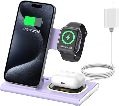 3 in 1 Charging Station for iPhone 17 - Wireless Charger for Apple Devices for iPhone 17 16 15 14 13 12 11 Pro Max - Foldable Wireless Charging Station Dock Stand for Apple Watch Series & AirPods
