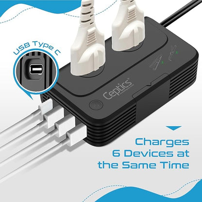 Ceptics - 6 in 1 Travel Adapter and Voltage Converter, 220V to 110V Converter with Surge Protection, Universal Adapter with Types A, C, G, I attachments & 4 USB PD 18W Fast Charging - Black