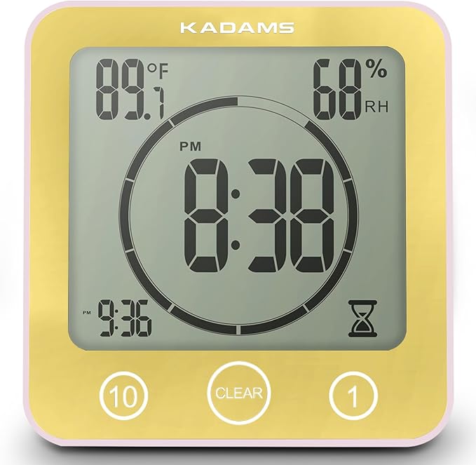 KADAMS Shower Clock Waterproof Bathroom Timer – Digital Wall Clock with Countdown, Magnetic Kitchen Clock with Temperature & Humidity, Suction Cup for Kids Shower Spa Sauna Cook Bath (Yellow)