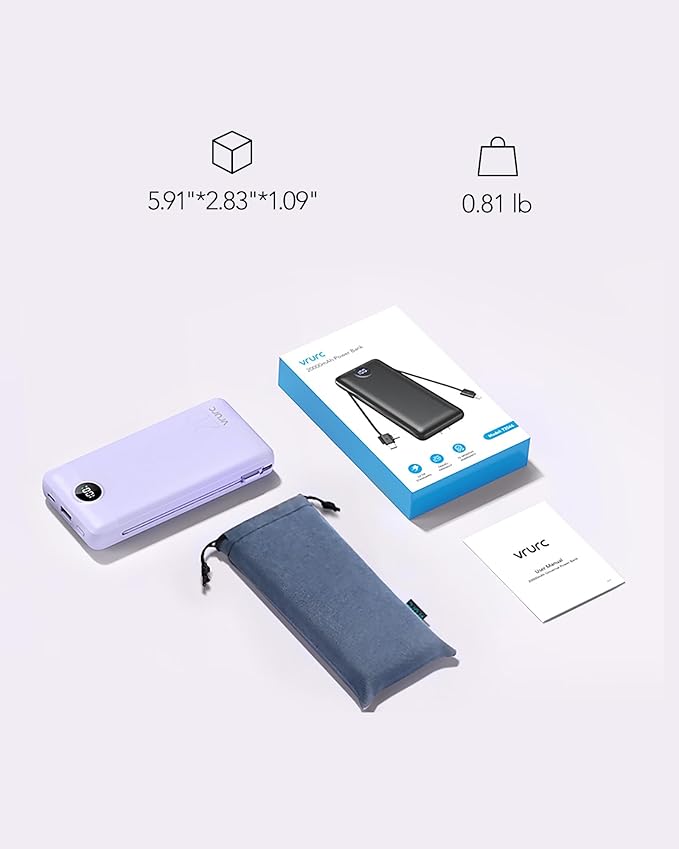 VRURC Portable Charger 20000mAh, Fast Charging Power Bank USB C,4 Output 2 Input Travel Essentials Charging Bank Equipped with LED Display,Built-in Wall Plug and Cables,Phone Charger Battery,Purple