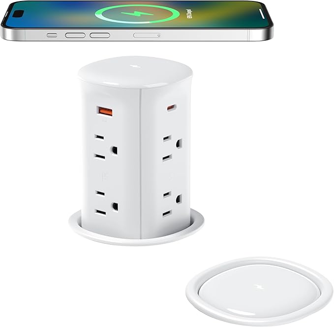 Jgstkcity Pop up Outlet for Countertop,65W USB C Fast Charging,15W Wireless Charger,13-in-1 Kitchen Island Electrical Power Station,4 USB,8 Outlets,15A Surge Protector,3.15'' Hole,ETL Listed