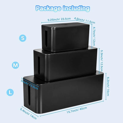 Cable Management Box, 3 Pack Cord Organizer Boxes with 33 PCS Cable Management Set to Cover Hide Power Strip, Surge Protector Under Desk & on Floor, Wire Concealer for Home Office Computer TV (Black)