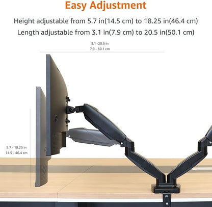 Amazon Basics Gas Spring Dual Computer Monitor Arm Mount, Adjustable, Holds up to 27" Monitors, Black