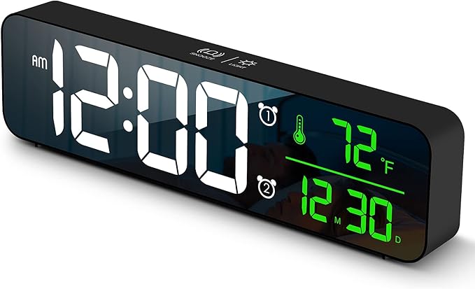 Digital Clock Large Display, Alarm Clock for Living Room Office Bedroom Decor, LED Corded Electric, Date Temp Display Wall Clock, Automatic Brightness Dimmer Smart Cool Modern Desk Accessories Black