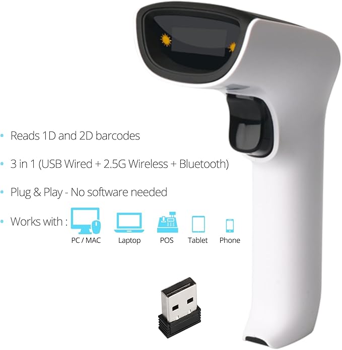 ScanAvenger Wireless Portable 1D&2D Bluetooth Barcode Scanner: Hand Scanner 3-in-1, Cordless, Rechargeable Scan Gun for Inventory - USB Bar Code/QR Reader (1D&2D with No Next Gen Stand)…