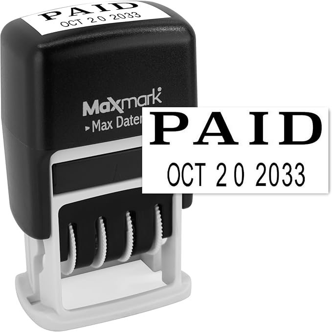 MaxMark Self-Inking Rubber Date Office Stamp with Paid Phrase & Date - Black Ink (Max Dater II), 12-Year Band