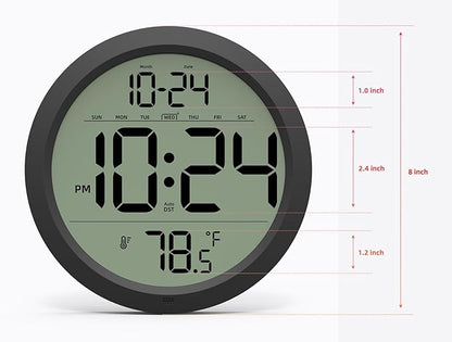 Digital Wall Clock with Date, Indoor Temperature, Auto-DST, Battery-Operated Digital Clock, 8 Inch Small Decorative Wall Clock for Bedroom, Living Room, Home, Kitchen, Office, Modern, Electric, Simple