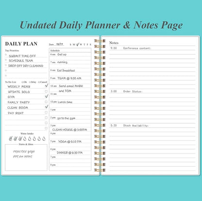 Daily Planner Undated - A5 To Do List Notebook Hourly Schedules, Spiral Appointment Planner for Women and Men, PVC Hardcover, Inner Pocket, Elastic Closure, 5.8" x 8.3", Teal Flowers