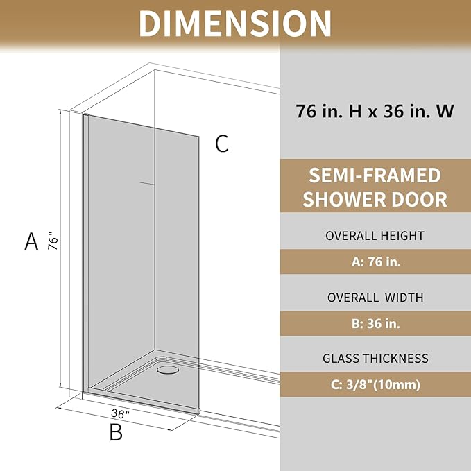 36"x76" Fixed Glass Shower Door, 3/8"(10mm) Thick Mid-Band Frosted Privacy Tempered Glass, Frameless Shower Glass Panel, Shower Screen Half Wall for Walk in Shower, Brushed Nickle