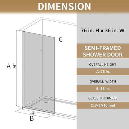 36"x76" Fixed Glass Shower Door, 3/8"(10mm) Thick Mid-Band Frosted Privacy Tempered Glass, Frameless Shower Glass Panel, Shower Screen Half Wall for Walk in Shower, Brushed Nickle