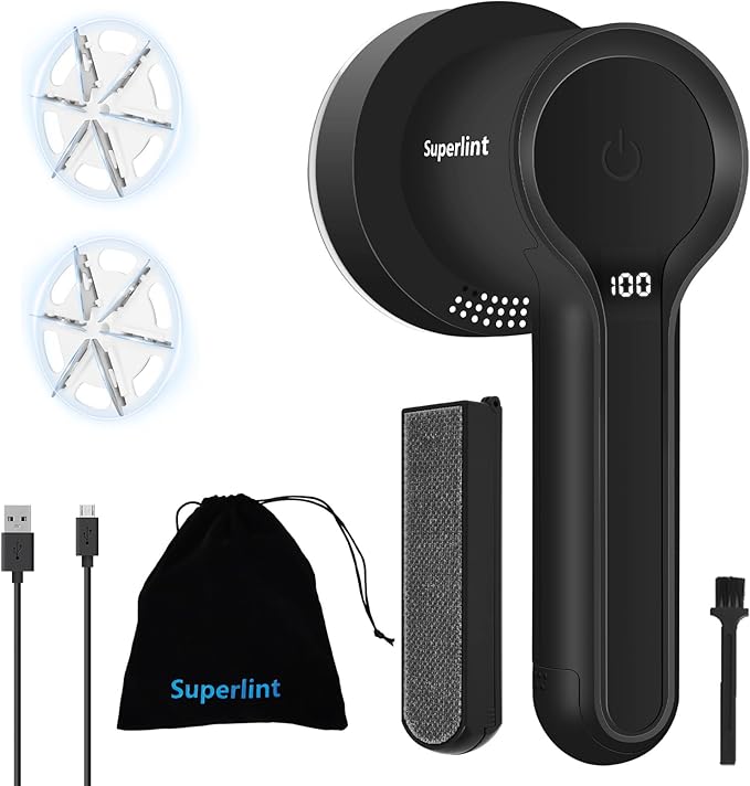 SUPER LINT Electric Fabric Shaver Electrostatic Brush, LED Display, 3-Speeds, Rechargeable Sweater Shavers to Remove Pilling for Clothing, Couch, Furniture, Black