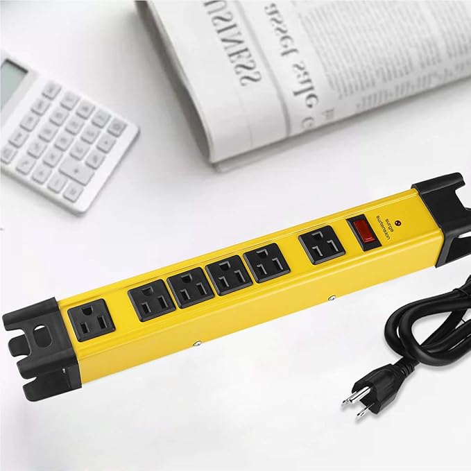 CCCEI Heavy Duty Power Strip Surge Protector with 15A, 6 Plug Industrial Shop Workshop Garden Metal Multiple Outlets, 6FT Extension Cord 1200 Joules ETL Listed, Yellow