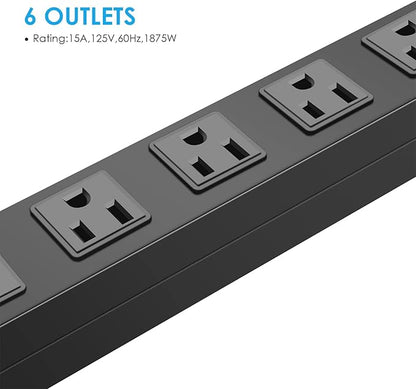 Metal Wall Mount Power Strip, Mountable Power Outlet with 6 AC Outlets, Aluminum Alloy Mount Power Socket with Switch, 3 FT SJT 3/C 14AWG Power Cord, 15A 125V 1875W (6AC) Black