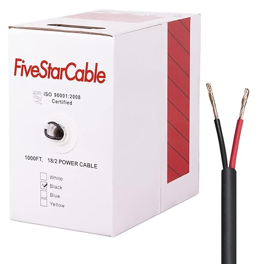 FiveStarCable 18/2 Gauge Low Voltage Cable Wire - 1000 ft, 18 AWG, 2 Conductors, PVC Jacket - for Security Systems, Alarm, Audio, Control, Intercom, and Speaker Applications