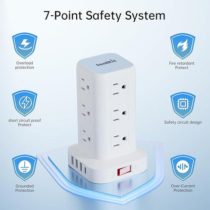 PD20W Power Strip Tower Surge Protector Power Strip with USB 12 Outlets with 4 USB Ports (1 USB C), Flat Plug 10FT Extension Cord Multi Plug Outlet Extender Overload Protection for Home Office