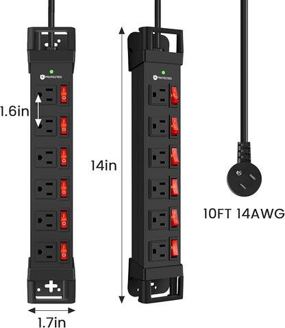 Heavy Duty Power Strip,6 Outlets Metal Power Strip with Individual Switch & Cord Management,Mountable Surge Protector 1200J,10FT Extension Cord (Black,10 FT)