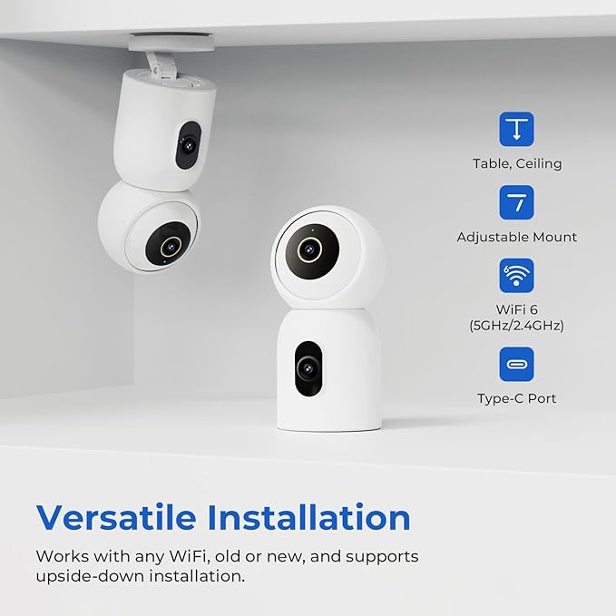 IMILAB C30 Dual Security Camera Indoor, 3K+3K Lens Pet/Baby Monitor Camera, 360° Home/Room Cam for Bedroom, Cry/Smoke/Fire/Person Alerts, App Control, Plug-in 5G WiFi Cam, Wall Mount, No Monthly Fee