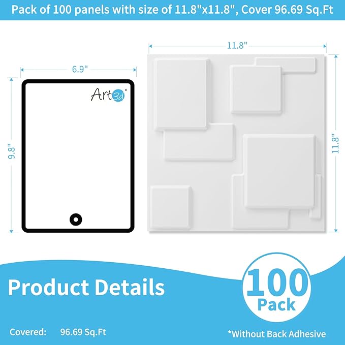 Art3d 100 Pack Decorative 3D Wall Panels, 97 Sq.Feet PVC Interior Wall Décor, 11.8"x11.8", White