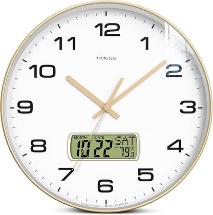TIMESS Wall Clock, 12" Dial Non-Ticking Silent Battery Operated Analog with LCD Display for Perpetual Calendar and F° Temperature, Ideal Modern Home, Bedroom, Kitchen, Office Decor (Gold)