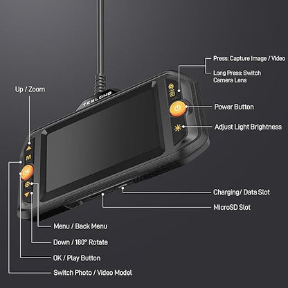 Teslong Dual Lens Endoscope with Light, Mechanic Borescope Inspection Camera, Fiber Optic Scope, Flexible Snake Probe for Automotive, HVAC, Wall & Home Inspections (16.5FT)