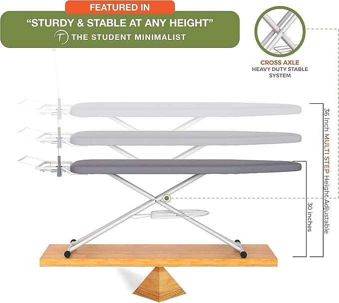 Xabitat Full Size Ironing Board 57" X 13" with Wall Mount Hanger, Full Metal Construction Iron Board, Built in Iron Caddy, Heat & Scorch Resistant Fabric, Cord Holder, Anti-Skid Feet, Heavy Duty