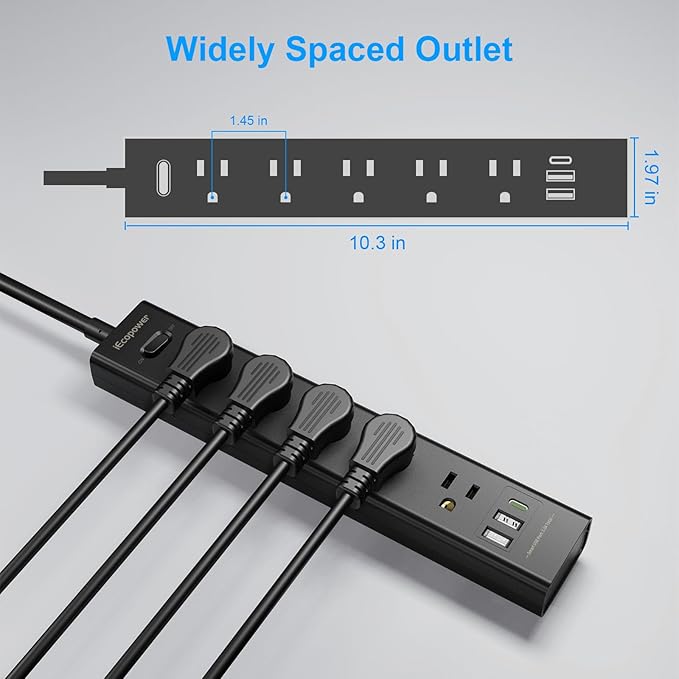 Surge Protector Power Strip 15 ft Cord-5 Widely Spaced Outlets 3 USB Ports(1 USB C Port),Power Strip Long Cord(1250W/10A),Power Strips with Surge Protection, Wall Mount for Home Office,Black(2 Pack)