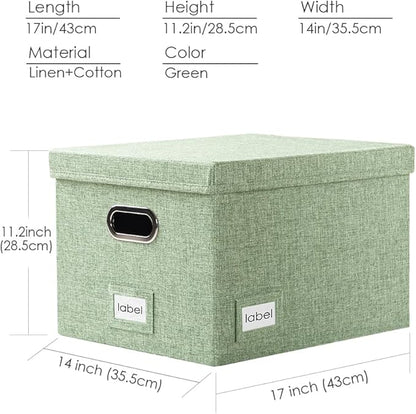PRANDOM File Organizer Box - Set of 4 Collapsible Decorative Linen Filing Storage Hanging File Folders with Lids Office Cabinet Letter/Legal Size Green 17.1x14x11.1 inch