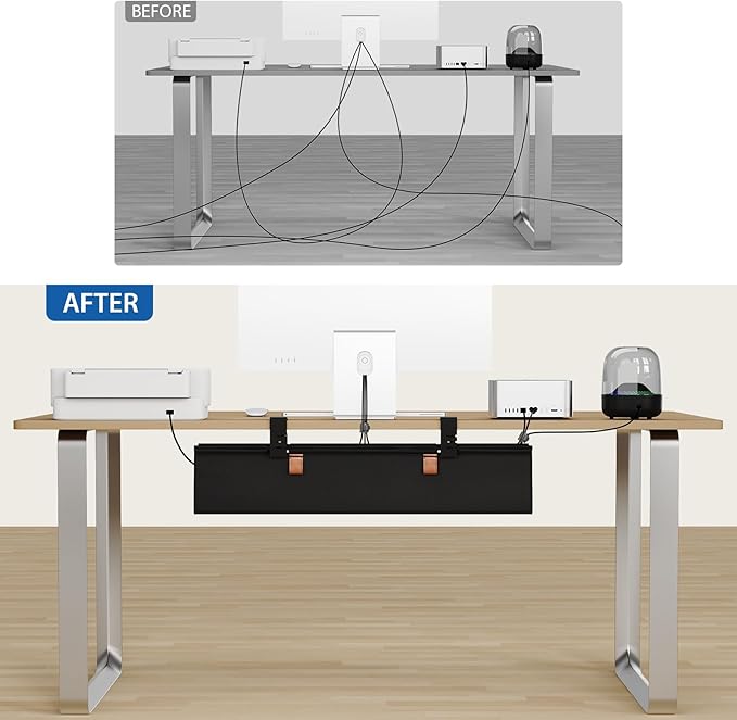 Zilink No Drill Under Desk Cable Management Tray 30" Cord Organizer for Table Clamp/Screw Mount Desk Cable Management Sturdy Waterproof Fabric Cord Hiders for Office, Home