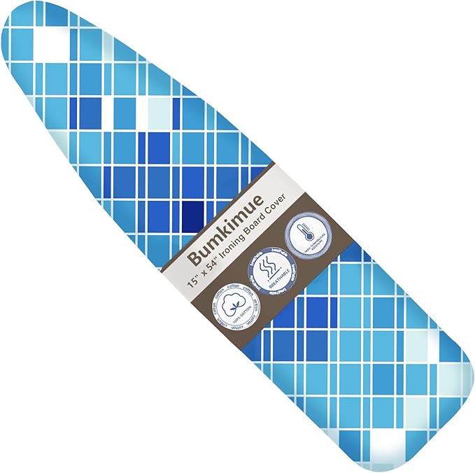 Bumkimue Ironing Board Cover and Pad, Standard Size 15x54 Inches, Blue Floral Pattern, Heavy Duty Padded, Elastic Edge, Scorch Resistant (Blue Geometry)