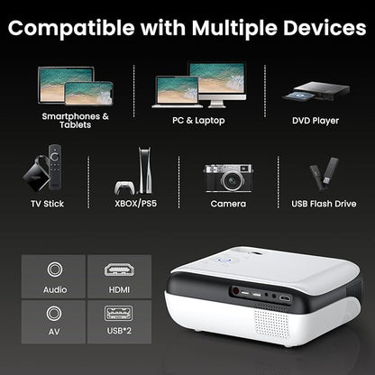 HAPPRUN Native 1080P Bluetooth Mini Projector, Full HD Portable Outdoor Movie Projector with Built-in Speaker, Compatible with Smartphone, HDMI, USB, AV, Fire Stick, PS5 for Home, Bedroom, Outdoor Use