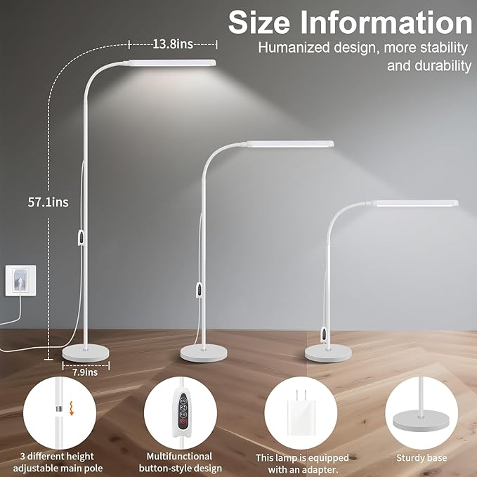 White LED Reading Floor Lamp, Bright 12W Dimmable Standing Light, Adjustable Gooseneck,3 Color Temperatures 5 Gears Brightness, Living Room Bedroom office Library Work makeup tattoo lash Desk Lamp