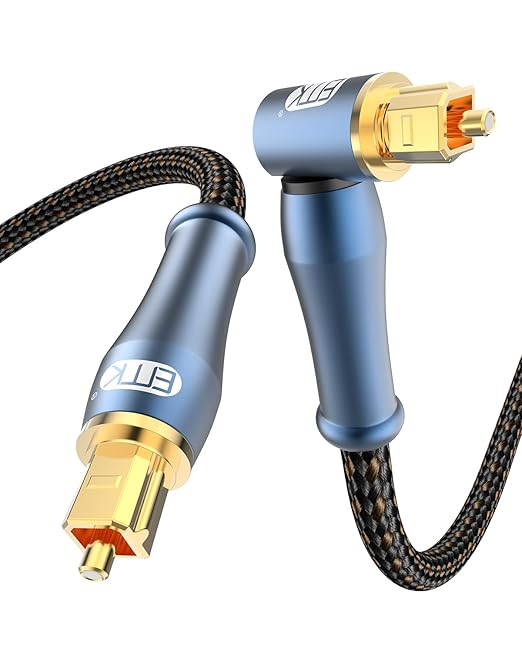 EMK 90 Degree Toslink Optical Cable 24K-Gold Connector 360 Degree Free-Rotating Plug Fiber Optic Cable S/PDIF Toslink Male to Male for Home Theater, Sound Bar, TV, PS4, Xbox (Blue,3.3ft/1m)