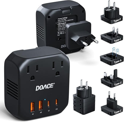 DOACE 2000W Voltage Converter US to Europe - 220V to 110V Converter for European Travel, Power Converter Adapter Combo with 2 PD/2 QC/EU/UK/AU/IT Travel Plugs for Hair Dryer Laptop, Camera, Cell Phone
