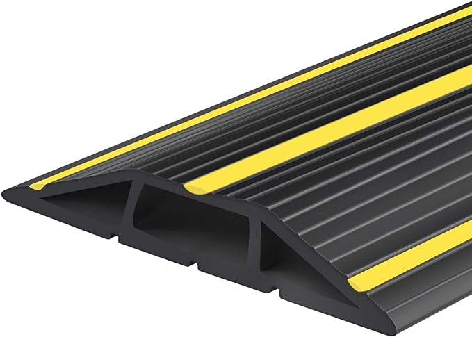 10Ft Cord Covers for Wires on Floor, 3-Channel Floor Cord Cover with Anti-Slip Base & Yellow Warning Strips, Extension Cord Covers for Floor, Ideal for Home, Office, Outdoor Use