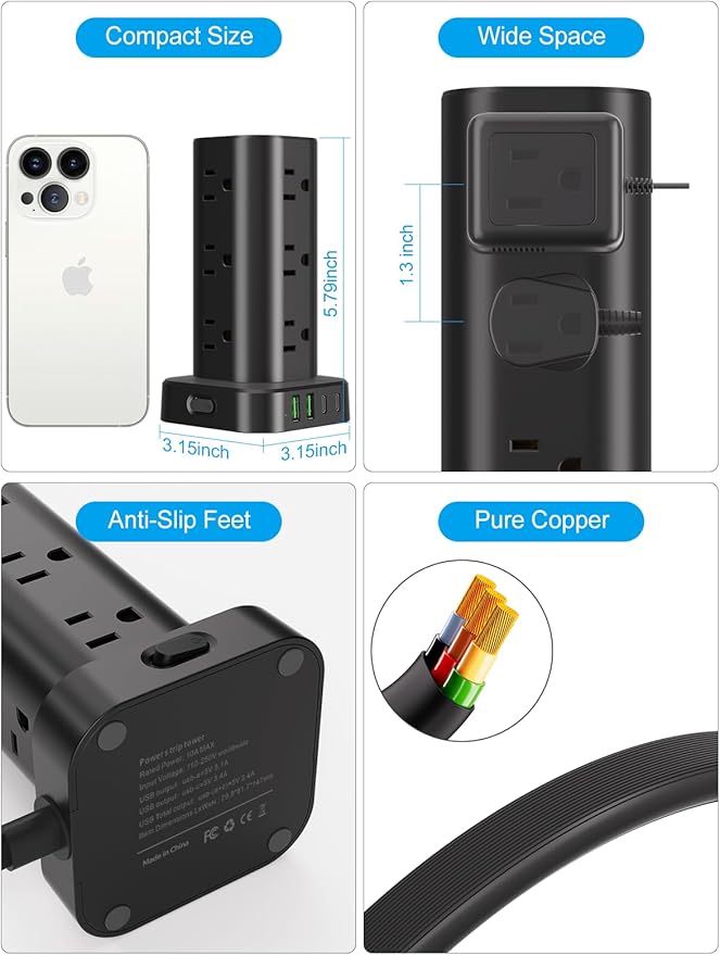Power Strip Tower with Wireless Charger, Flat Plug Surge Protector Tower with 10FT Extension Cord, 12 AC Multiple Outlets, 4 USB (2 USB C),15W Wireless Charging Power Tower for Home Office Dorm, Black