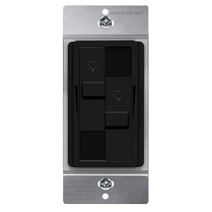 TOPGREENER Kalide Dual Load Dimmer Light Switch, Double LED Dimmer Switch, Full Range Dimming, Single Pole, 120VAC, 60Hz, 200W LED/CFL, Neutral Wire Not Required, TGDDS-BK, Black