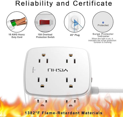 20 Ft Surge Protector Power Strip - 8 Widely Outlets with 4 USB Ports, 3 Side Outlet Extender with 20 Feet Extension Cord, Flat Plug, Wall Mount, Desk USB Charging Station, ETL, White