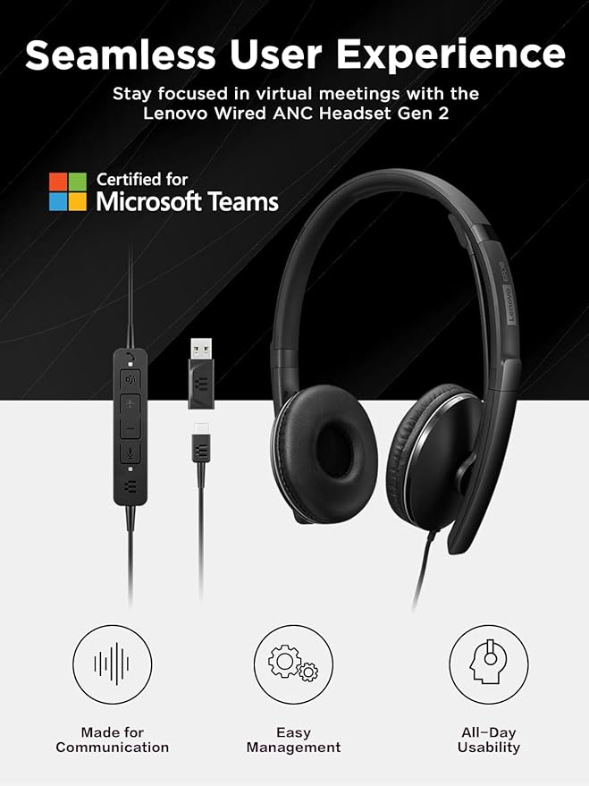 Lenovo Wired ANC Headset Gen 2 (Teams) with Active Noise Cancellation, EPOS BrainAdapt & ActiveGard Tech, Lightweight, USB-C, Plug-and-Play, Zoom Certified, Customizable, Hearing Protection