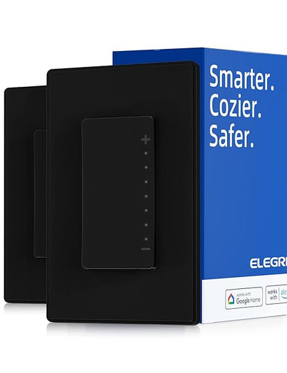 ELEGRP Smart Dimmer Light Switch DPR30, 2.4GHz Wi-Fi Dimmer Switch Compatible with Alexa and Google Assistant, Single Pole/3 Way, Needs Neutral Wire, No Hub Required, UL and FCC Listed, Black, 2 Pack
