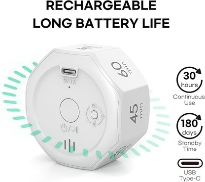Flip Cube Pomodoro Timer - Rechargeable Visual Countdown & Count Up Stopwatch, 7 Preset Intervals, 3 Alarm Modes, Productivity Tool for ADHD, Kids, Study, Work & Kitchen (White)